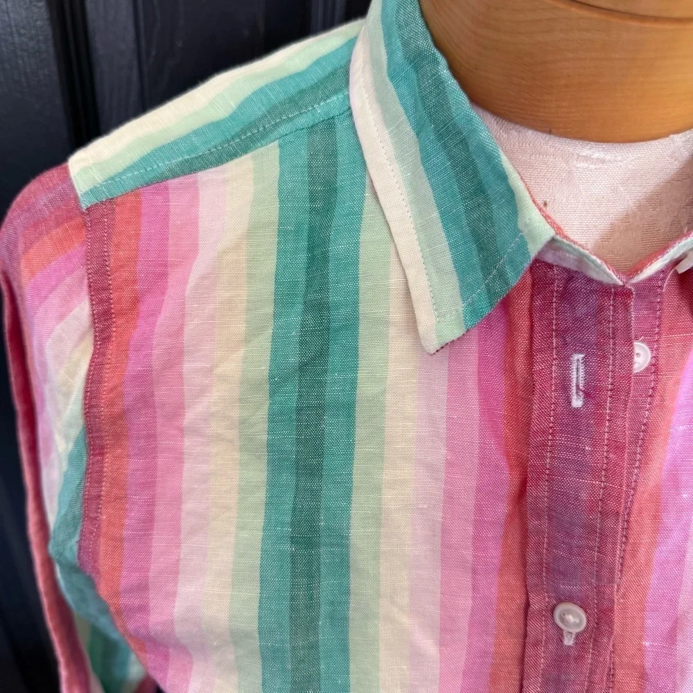 J Crew Linen Blend Classic Fit Boy Shirt in Rainbow Stripe Size 4